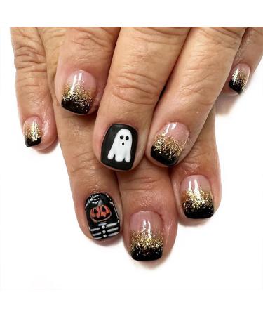 Halloween Press on Nails Short Square Black French Fake Nails with Design Ghost Glue on Nails Pumpkin Nails Press ons Gold Glitter Stick on Nails Full Cover Acrylic Nails for Women Girls 24 Pcs Black French Ghost Pumpkin Gold Glitter