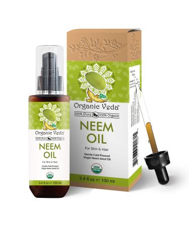 Organic Veda Neem Oil - 100% Pure, Virgin and USDA Organic, Wooden Cold Pressed Oil for Max Strength - Made from Premium Neem Seed Kernel for Beautiful Skin and Hair (3.4 fl.oz)