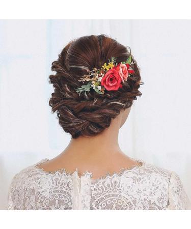 IYOU Red Bridal Hair Comb Artificial Flower Headpiece Leaves Prom Beach Wedding Sides Combs Hair Dress Accessories for Bride and Bridesmaid - Buy Online on GoSupps.com
