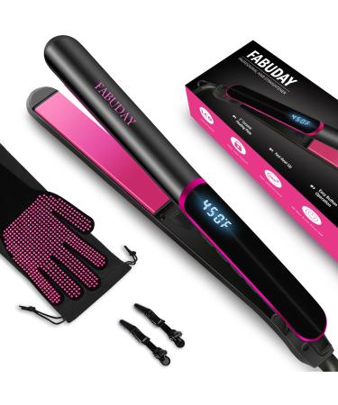 Fabuday Flat Iron Hair Straightener Dual Voltage - Heat Up Quickly LCD Display & Auto Shut-Off 12 Adjustable Temp Hot Iron for All Hair Types 1 Inch Floating Ceramic Plates 1 Inch Plate Black