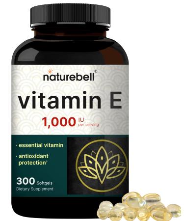 NatureBell Vitamin E Oil Softgels 1,000 IU Per Serving 300 Pills | Essential Antioxidant Supplements Easily Absorbed Form Supports Skin Heart & Immune Health Non-GMO 1,000 IU 300 Count (Pack of 1)