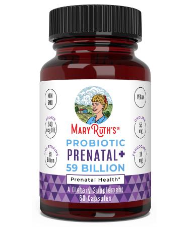 Vegan Prenatal + Probiotic - 59 Billion CFU by MaryRuth - Pregnancy Probiotics with Iron, Methylfolate & Prenatal Vitamins & Minerals to Help with Morning Sickness - 60 Count