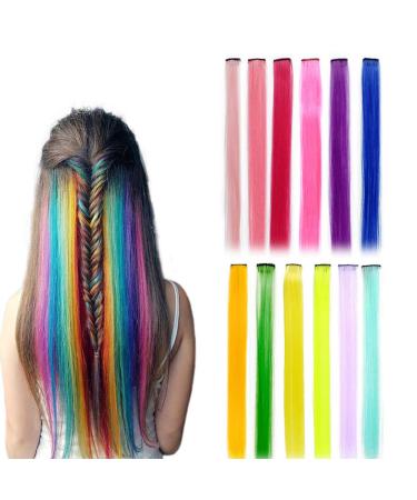 12 Pieces Colored Hair Extension Clip Colorful Straight Hairpiece Wig Party Highlight for Girls Women's Highlights Clip