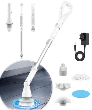 SCARSON Electric Spin Scrubber  Ergonomics Handle Tile Scrubber Shower Brush 2 Speed Adjustable with Aluminum Alloy Adjustable Long Handle for Cleaning Bathroom  5 Replaceable Brush Heads (White)