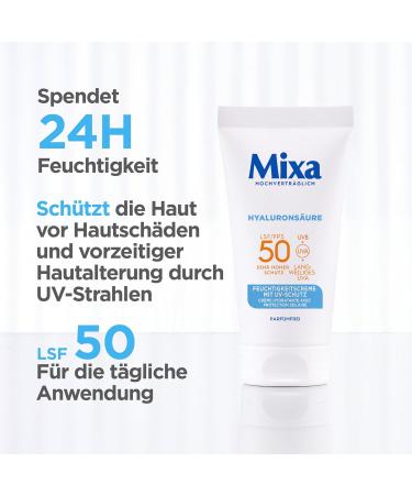  Mixa Mixa UV 50 Moisturizing Care for Sensitive Skin UVB + UVA + Long UVA Protection SPF 50 with Hyaluronic Acid Suitable for Face and Neck Hypoallergenic 50 ml - Buy Online on GoSupps.com