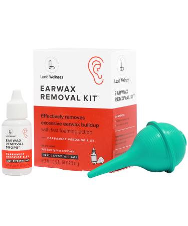 Lucid Wellness: Ear Wax Removal Kit With 6.5% Urea Hydrogen Peroxide Drops (0.5oz) - Ear Wax Drops for Adults, Ear Cleaner Foaming Formula and Bulb Syringe Ear Wax Removal Tool - Ear Cleaning Supplies