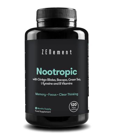 Nootropic with Ginkgo Biloba Bacopa Green Tea Tyrosine and B Vitamins 120 Capsules | Memory Concentration Clear Thinking | Vegan Additive Free Allergen Free Non-GMO | Zenement