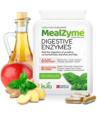 MealZyme - Digestive Enzyme Supplements - 6 Vegan Plant Based Complex with Bromelain Betain HCL Amylase Protease Lipase Papain and Peppermint for Indigestion and Bloating Relief - 90 Capsules 90 Count (Pack of 1)