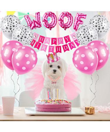 Dog Birthday Party Supplies Set - Pink Tutu Skirt, Crown Hat, Bandanas, Banner, Balloons, Toy & Pearl Necklace - Buy Online on GoSupps.com