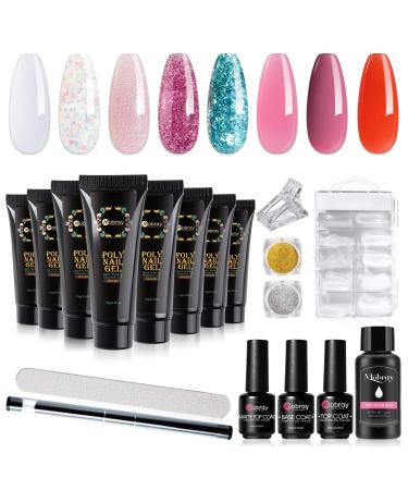 Mobray Poly Extension Nail Gel Kit, 8 Colors Clear Pink Red Glitter Poly Nail Extension Gel Set with Gel Top and Base Coat Slip Solution Poly Brush Nail Forms for DIY at Home Nail Art. Kit5