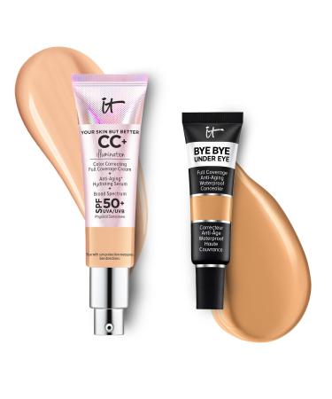 IT Cosmetics CC+ Cream Illumination with SPF 50+ Radiant Full Coverage Foundation (Neutral Medium- 1.08 fl oz) & Bye Bye Undereye Concealer Anti-Aging Makeup (23.5 Medium Amber - 0.4 fl oz)