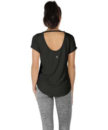 icyzone Women's Backless Yoga T-Shirt | Short Sleeve Casual V-Neck Leisure Tops | M Black/Dark Grey | International Shipping - Buy Online on GoSupps.com