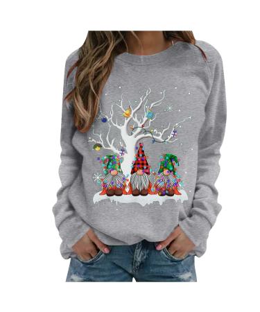 Graphic Sweatshirts for Women Soft Long Sleeve Tee Shirts Round Neck Blouses Pullover Grey Small