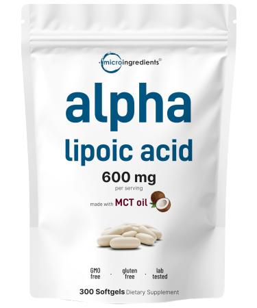 Micro Ingredients Alpha Lipoic Acid 600mg with MCT Oil 300 Softgels | ALA Supplement for Liver Antioxidants Nerve Cardiovascular Health Support | Non-GMO Gluten-Free Soy-Free
