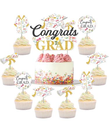 Graduation Party Decorations for Girls - 25pcs Wildflower Congrats Grad Cake Topper Cupcake Toppers Floral Cake Decorations for Class of 2024 Congrats Grad Graduation Party