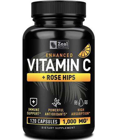 Vitamin C 1000mg with Rosehips (120 Capsules | 1000mg) Pure Vitamin C Capsules - Ascorbic Acid + Rose Hips for Powerful Immune System Support - High Dose Vitamin C for Adults Immune Support Vitamins