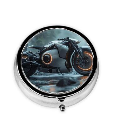 Sci-Fi Motorcycle Portable Metal Pill Box Round Mini 3-Compartment Plastic Insert hinged Fastening Design Suitable for Small Pills Must-Have for Travel Black