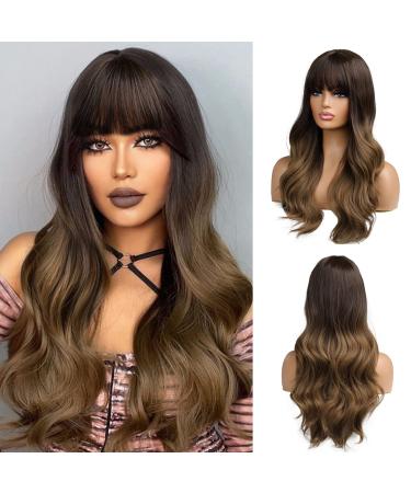 Oefei long corrugated ombre brown wig with pony for women natural synthetic hair heat -resistant wigs for daily party cosplay wear ombre brown (a)