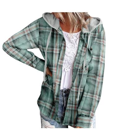 Flannel Shirts for Women with Hood Button Up Plaid Shirts Long Sleeve Drawstring Pullover Causal Loose Blouses 02 Green X-Large