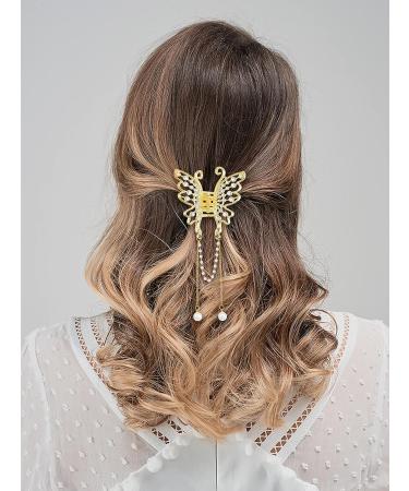 Gold Butterfly Pearl Hair Claw Clips Set - Rhinestone Tassel Metal Hair Clamps for Women and Girls - Buy Online on GoSupps.com