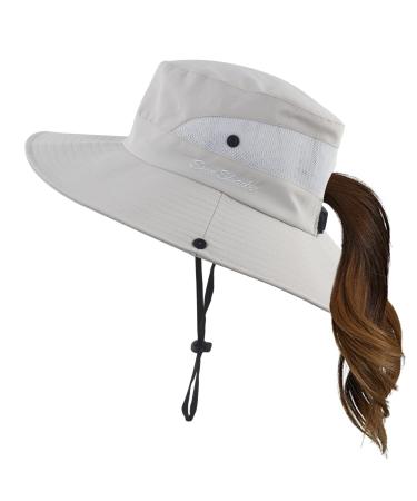 Mukeyo Womens Summer Sun Hat Wide Brim Outdoor UV Protection Hat Foldable Ponytail Bucket Cap for Beach Fishing Hiking Beige