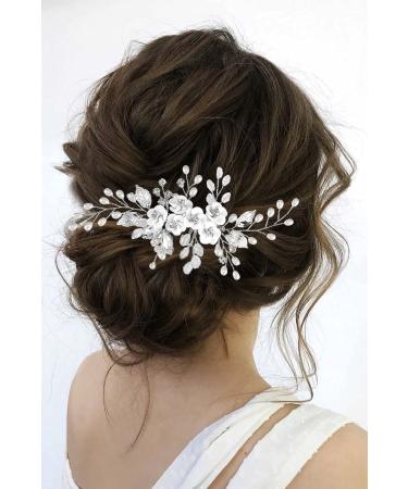 Edary Silver Flower Bridal Wedding Hair Comb Pearl Bridal Side Comb Crystal Hairpiece Leaf Hair Accessories for Women and Girls - Buy Online on GoSupps.com