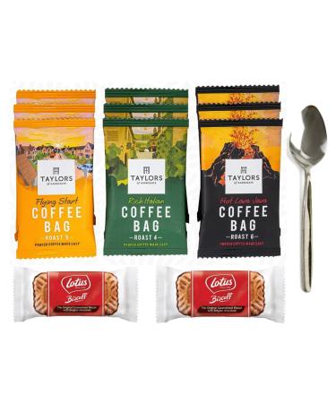 9 Taylors Coffee Sachets Stainless Spoon and 6 Lotus Biscoff with Belgian Chocolate Postable GiftBox Sweet Hamper