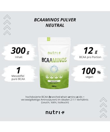 Nutri + BCAA Powder Neutral 600g - Vegan Essential Amino Acids Sugar-Free Additive-Free Highly Dosed Unflavored - 2 Pack for International Shipping - Buy Online on GoSupps.com