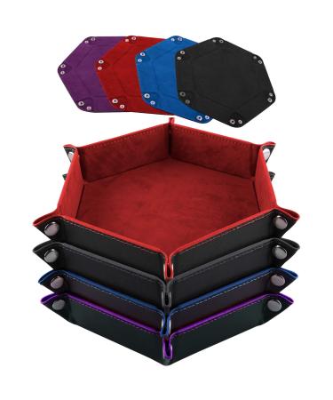 SIQUK 4 Pieces Dice Tray Set Foldable Dice Trays Hexagon Dice Rolling Tray PU Leather Dice Holder for Dice Games Like RPG, DND and Other Table Games (Red, Black, Blue and Violet)