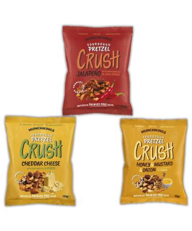 MunchKings Sourdough Pretzel Crush Pick N Mix - Choose From 3 Flavours | Jalapeno Cheddar Cheese Honey & Mustard & Onion | Pretzel-Snack of Flavoured Pretzel-Pieces 125g - Pack of 3 (1 of Each) 125 g (Pack of 3)