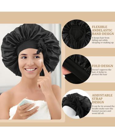 Silk Sleep Hood Set - 2 Adjustable Bonnets & Hair Ties for Women | Black & Gold Satin Night Caps - Buy Online on GoSupps.com