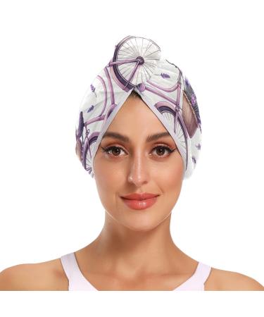 Purple Bicycle Lavender Hair Towel 2 Pack Super Absorbent Hair Drying Towel Quick Dry Hair Turbans Head Towel with Button Twisty Wrap for Women Girls