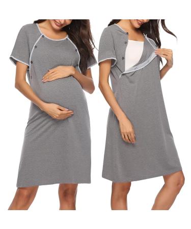 Sykooria Women's Maternity Nightdress Breastfeeding Nightwear Short Sleeve Nursing Nightgown Button Down Sleep Shirt V Neck Pajama Tops Soft Loungwear For Pregnant Women B - Grey XL