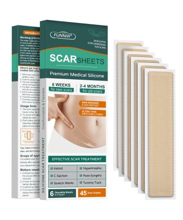 FUNNIR Silicone Scar Sheets Tape Strips - Healing Keloid C-Section Tummy Tuck - As Surgical Cream Gel Patch Bandage Pad - Surgery Scars Treatment 5.7x1.57 - 6 Pack