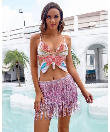 Yivilhor Women's Glitter Sequin Butterfly Crop Top - Pink | Rave & Belly Dance Sparkly Tank - Buy Online on GoSupps.com