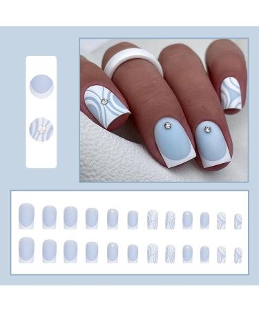 Matte Blue Square French False Nails - 24Pcs Frosted Press on Nails with Diamond Accent, Nail Glue Included - Acrylic Stick on Nails for Women and Girls - Buy Online on GoSupps.com