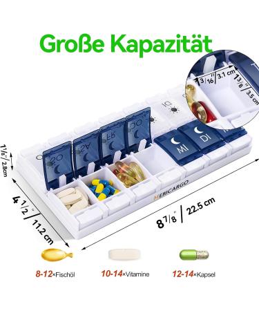 Mericargo 7-Day Tablet Box - Portable Pill Organizer with 2 Compartments for Vitamins & Supplements - Push Button Design - Blue & White - Buy Online on GoSupps.com