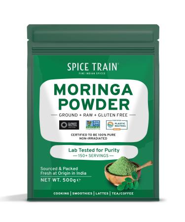 SPICE TRAIN Moringa Powder (500g/17.6oz) Pure Moringa Oleifera/Moringa Leaves | Resealable Zip Lock Pouch | Perfect for Cooking Smoothies Lattes & Moringa Tea