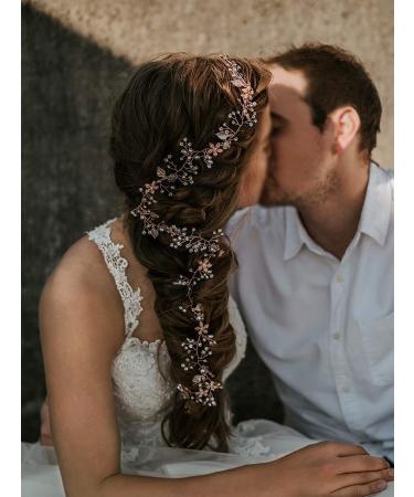 Sweetv Rose Gold Hair Vine - Braided Wedding Headband Bohemian Headpiece - 28.5 Inch Extra Long Crystal Pearl Bridal Hair Accessories - Rose Gold - Buy Online on GoSupps.com