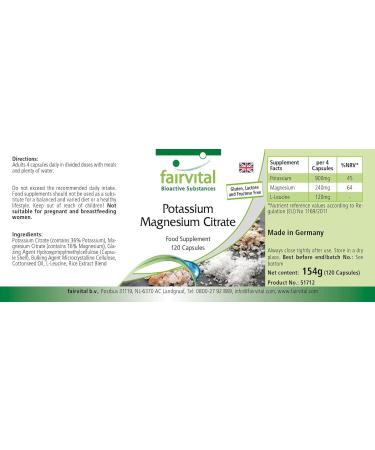 Fairvital | Citrate Potassium Magnesium - Highly dosed - with 900mg of Potassium and 240mg of Magnesium per daily dose - VEGAN - 120 capsules - Buy Online on GoSupps.com