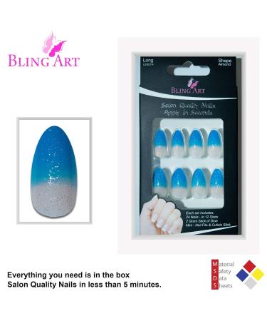 Buy Blue Gel Stiletto Almond False Nails - 24 Bling Art Artificial Long Tips with Glue | International Shipping - Buy Online on GoSupps.com