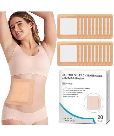20Pcs Castor Oil Pack Wrap for Liver, Stomach, Belly Button | 8.7"*7.9" Organic Cotton Pads | Highly Absorbent Self-Adhesive Disposable Patches | No Wash, 100% Leak-Free(Oil Not Included) US Patented 20 Count (Pack of 1)