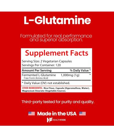 HealthFare L Glutamine 1000mg | 240 Vegan Capsules | Extra Strength Amino Acid Supplement | Supports Digestive Balance Nutrient Absorption & Muscle Recovery | Non-GMO Gluten-Free | Made in USA - Buy Online on GoSupps.com