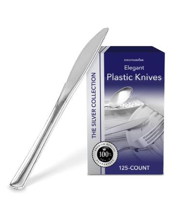 Stock Your Home 125 Disposable Heavy Duty Plastic Knives, Fancy Plastic Silverware Looks Like Real Cutlery - Utensils Perfect for Catering Events, Restaurants, Parties and Weddings (Silver) Knives Silver