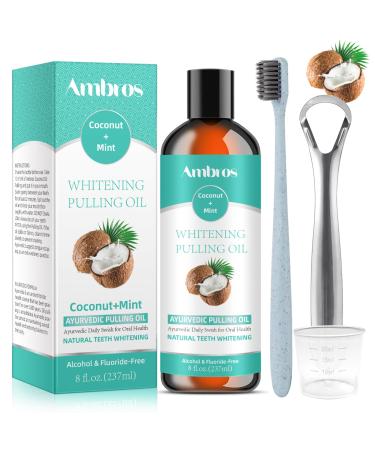 Coconut Oil Pulling with 7 Natural Essential Oils Mint Mouthwash Helps with Fresh Mouth Breath Teeth Gum Whitening Healt Natural & Alcohol-Free Mouthwash with Guru Tongue Scraper Toothbrush