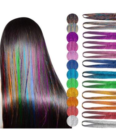Hair Tinsel Extensions 12 Colors Hair Tinsel Strands Kit Glitter Hair Tinsel Extensions Colorful Hair Extensions Sparkling Shiny Hair Tinsel Hair Accessories for Kids Girls Women Cosplay Party