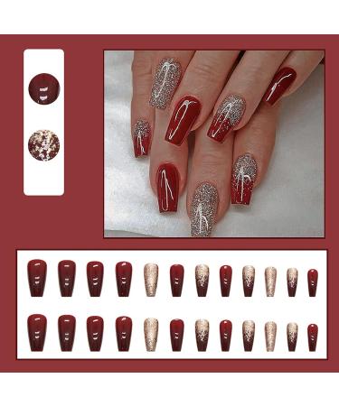 Summer Wine Red & Sparkle Gold Powder Press On Nails - 24Pcs Medium Coffin Square False Acrylic Nails for Women - Buy Online on GoSupps.com