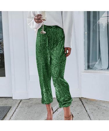 Elegant High Waist Sequin Pants for Women | Stretch Glitter Party Pants in M Green - Stylish & Comfortable - Buy Online on GoSupps.com
