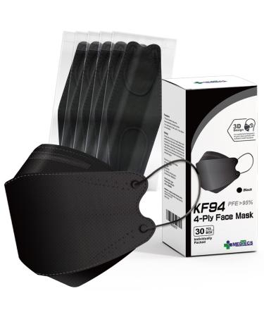 Medtecs KF94 Mask - 30 PCS - Korean Imported Filter - Individually Wrapped - 4 Ply Breathable Comfortable Safety Mask - 3D Structure for Larger Breathing Space & Makeup Friendly - Black 01. Black: Individually Packed