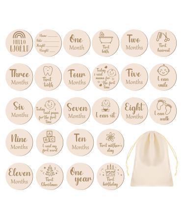 Partideal 13pcs Baby Monthly Wooden Cards 10cm Round Wooden Baby Monthly Milestone Cards and a storage bag Baby Growth and Pregnancy Growth Cards Milestone Wooden Circles Milestone Cards-Double Sided
